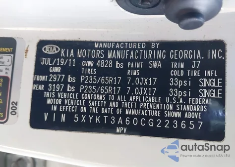 2012 Kia Sorento Lx from USA, damaged, VIN 5XYKT3A60CG223657